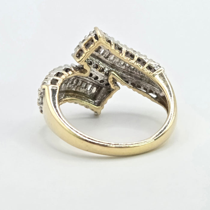 Vintage: 9ct Yellow Gold Multi-Diamond Crossover Dress Ring