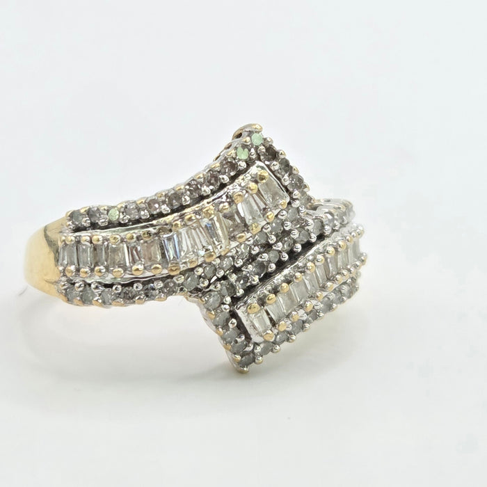 Vintage: 9ct Yellow Gold Multi-Diamond Crossover Dress Ring