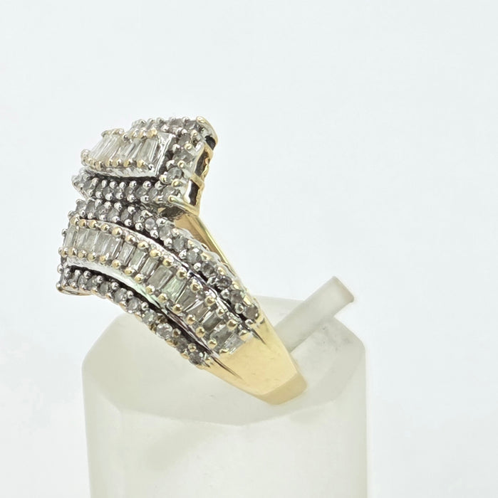 Vintage: 9ct Yellow Gold Multi-Diamond Crossover Dress Ring