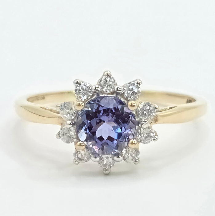 Vintage: 9ct Yellow Gold Tanzanite & White Topaz Floral Cluster Ring