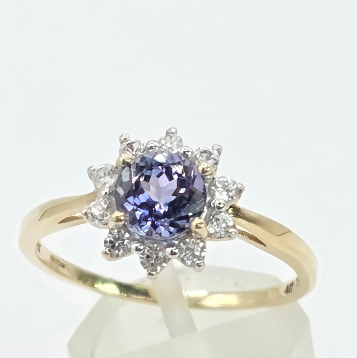 Vintage: 9ct Yellow Gold Tanzanite & White Topaz Floral Cluster Ring
