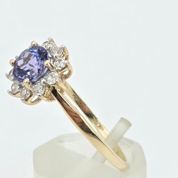 Vintage: 9ct Yellow Gold Tanzanite & White Topaz Floral Cluster Ring