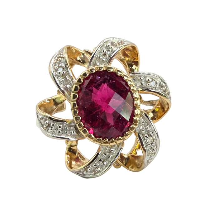 Vintage: 9ct Yellow Gold Rubellite & Diamond Dress Ring