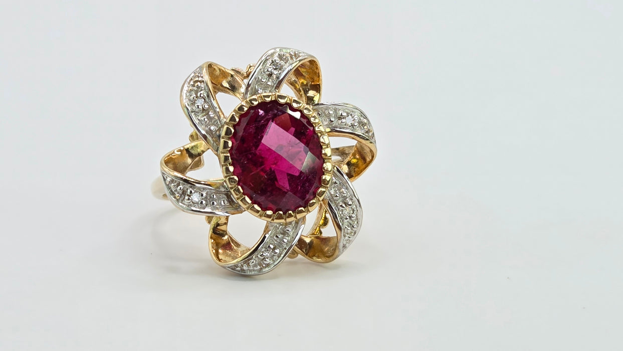 Vintage: 9ct Yellow Gold Rubellite & Diamond Dress Ring