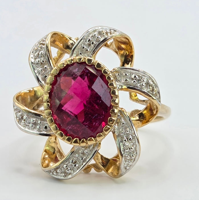 Vintage: 9ct Yellow Gold Rubellite & Diamond Dress Ring
