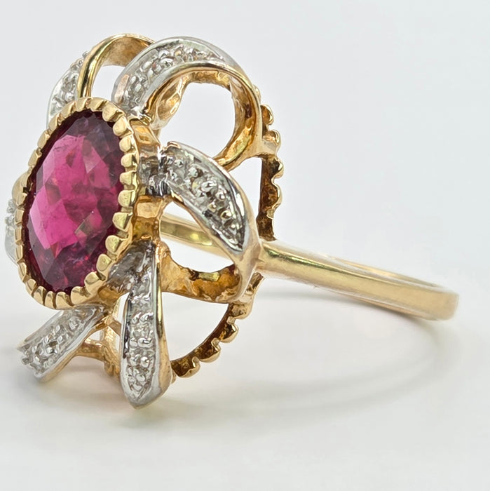 Vintage: 9ct Yellow Gold Rubellite & Diamond Dress Ring