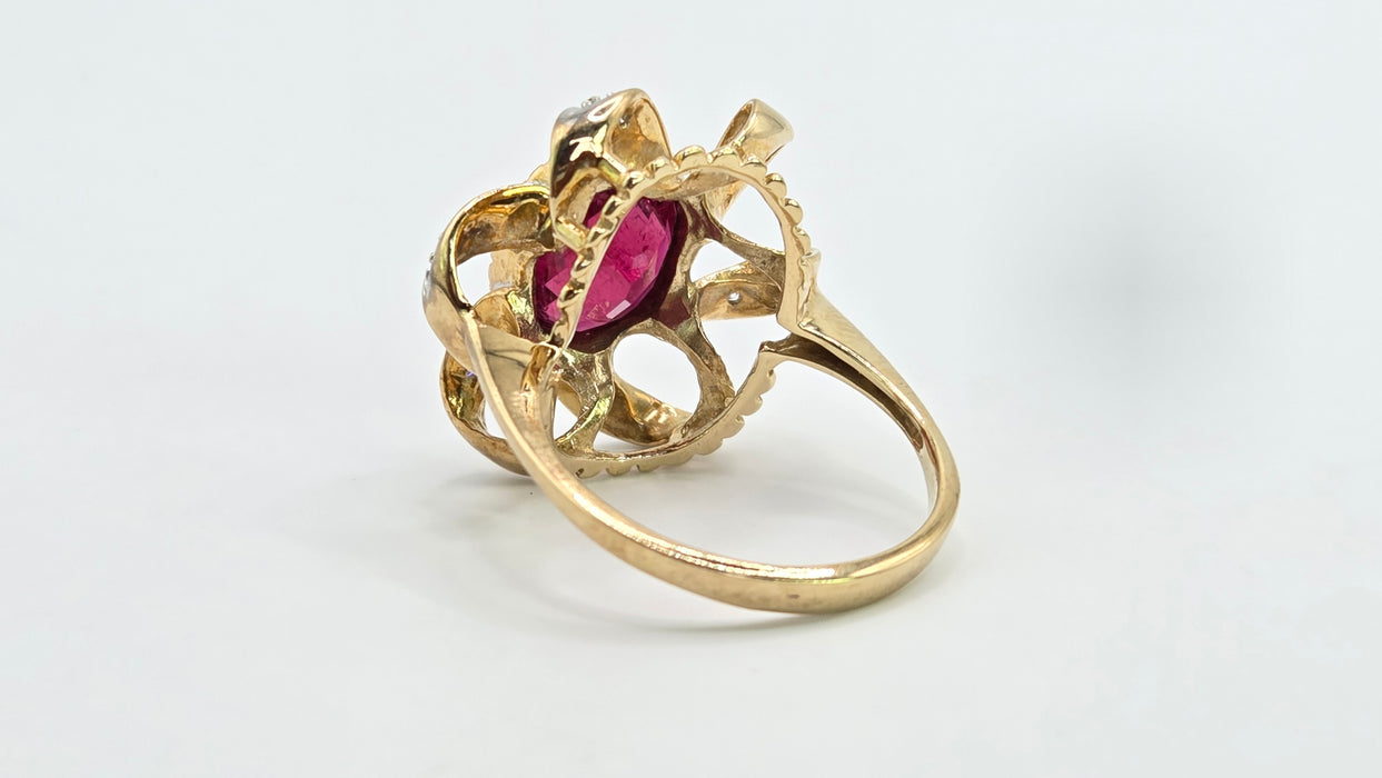 Vintage: 9ct Yellow Gold Rubellite & Diamond Dress Ring
