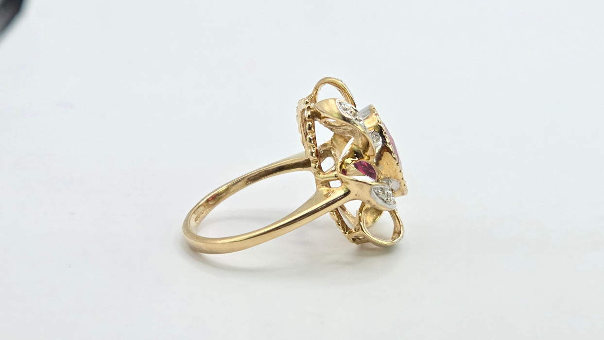 Vintage: 9ct Yellow Gold Rubellite & Diamond Dress Ring