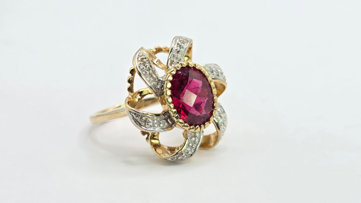 Vintage: 9ct Yellow Gold Rubellite & Diamond Dress Ring