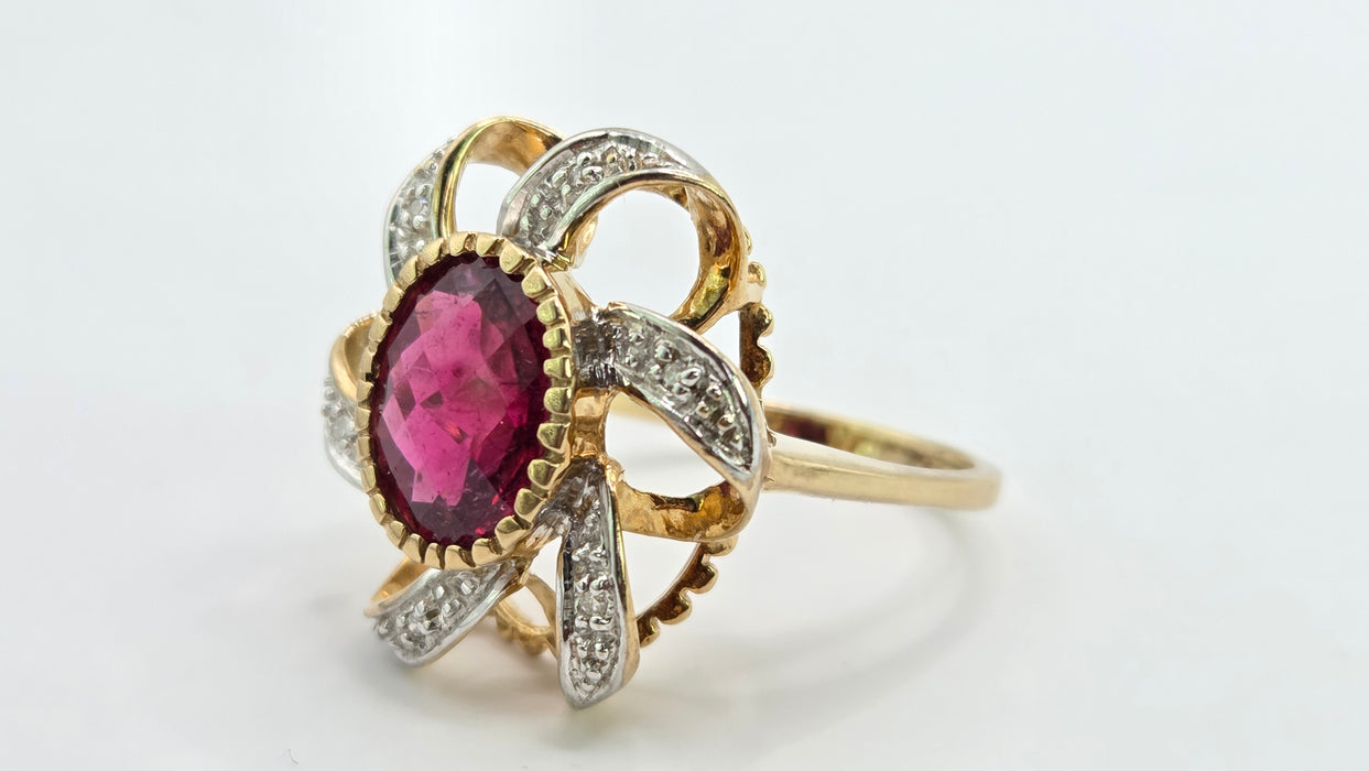 Vintage: 9ct Yellow Gold Rubellite & Diamond Dress Ring