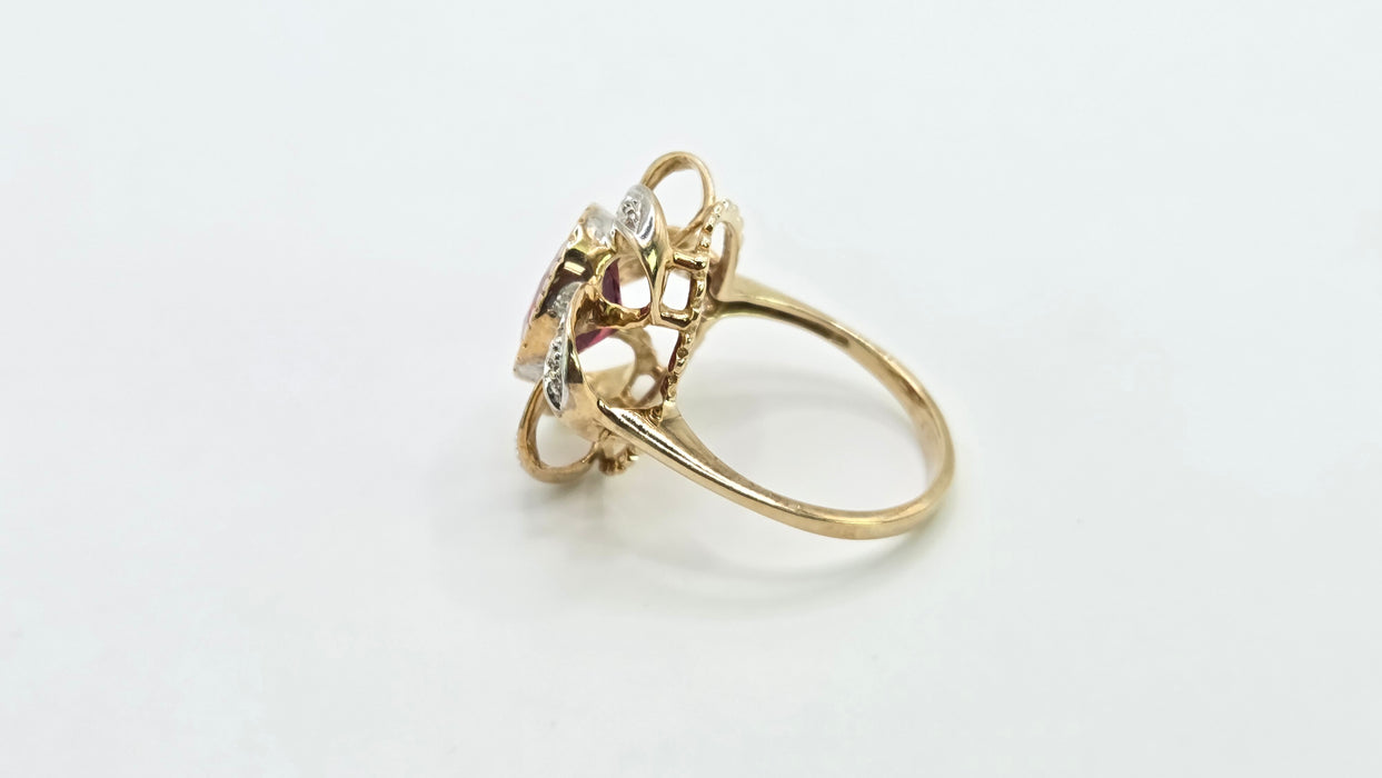Vintage: 9ct Yellow Gold Rubellite & Diamond Dress Ring
