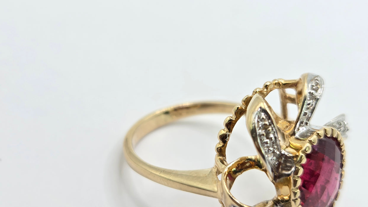 Vintage: 9ct Yellow Gold Rubellite & Diamond Dress Ring