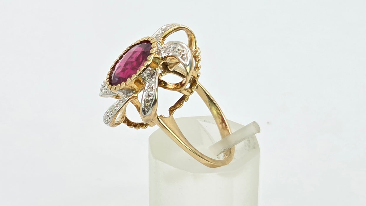 Vintage: 9ct Yellow Gold Rubellite & Diamond Dress Ring