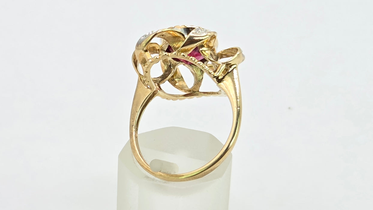 Vintage: 9ct Yellow Gold Rubellite & Diamond Dress Ring