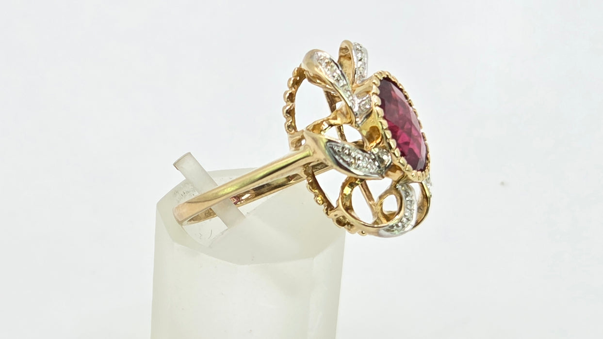 Vintage: 9ct Yellow Gold Rubellite & Diamond Dress Ring