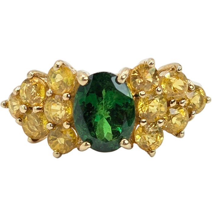 Vintage: 9ct Yellow Gold Green Diopside & Yellow Topaz Dress Ring