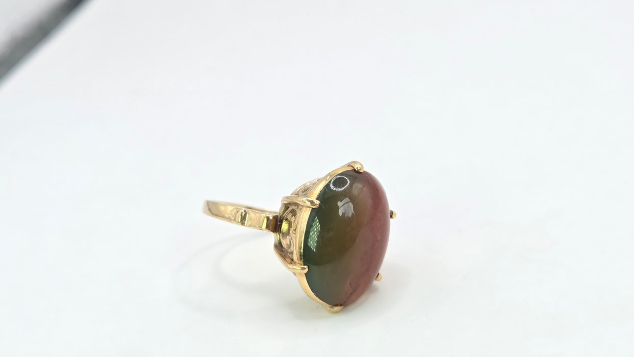 Vintage: 9ct Yellow Gold Green & Red Agate Signet Ring — From 1979