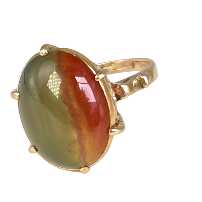 Vintage: 9ct Yellow Gold Green & Red Agate Signet Ring — From 1979