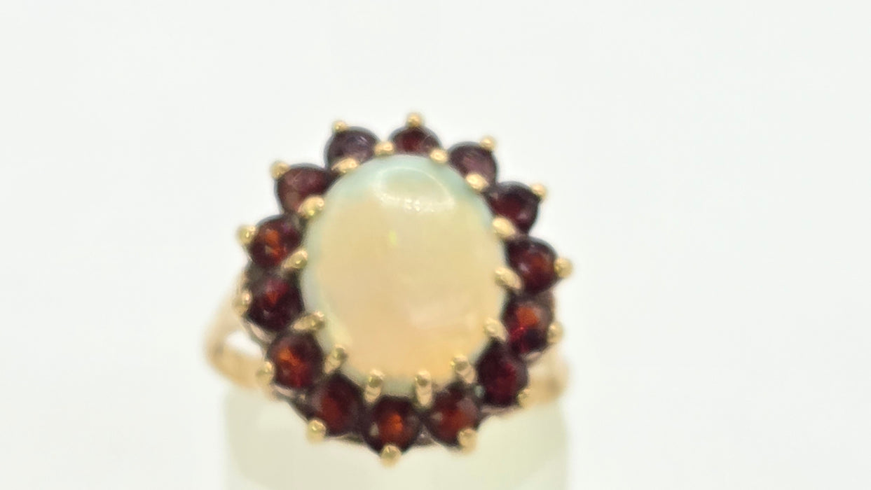 Vintage: 9ct Yellow Gold Opal & Garnet Oval Cluster Ring