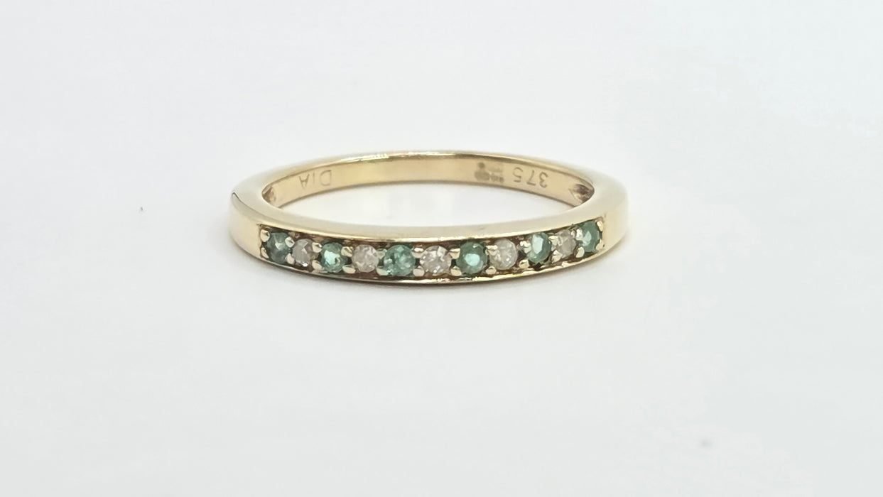 Vintage: 9ct Yellow Gold Emerald & Diamond Half Eternity Stacker Ring