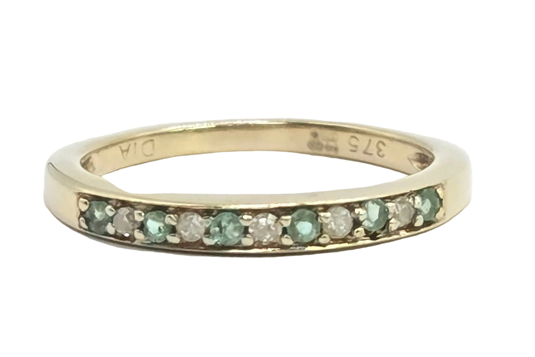 Vintage: 9ct Yellow Gold Emerald & Diamond Half Eternity Stacker Ring