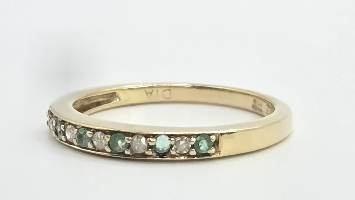Vintage: 9ct Yellow Gold Emerald & Diamond Half Eternity Stacker Ring
