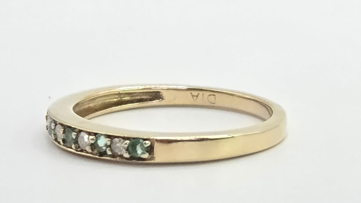 Vintage: 9ct Yellow Gold Emerald & Diamond Half Eternity Stacker Ring