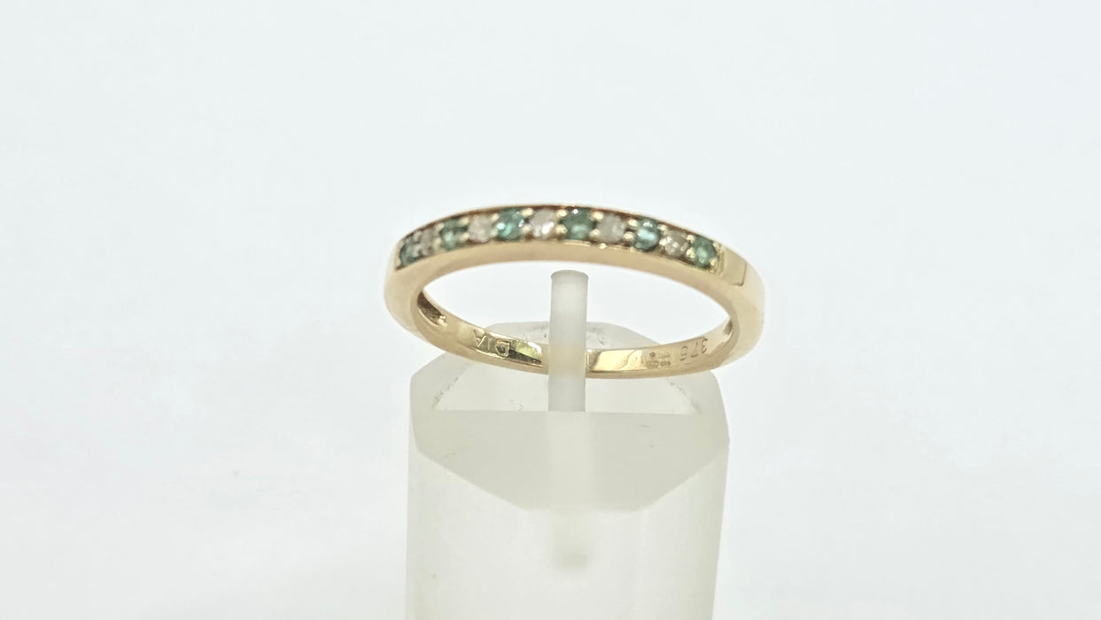 Vintage: 9ct Yellow Gold Emerald & Diamond Half Eternity Stacker Ring