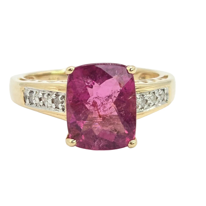Vintage: 14ct Yellow Gold Rubellite & Diamond Dress Ring