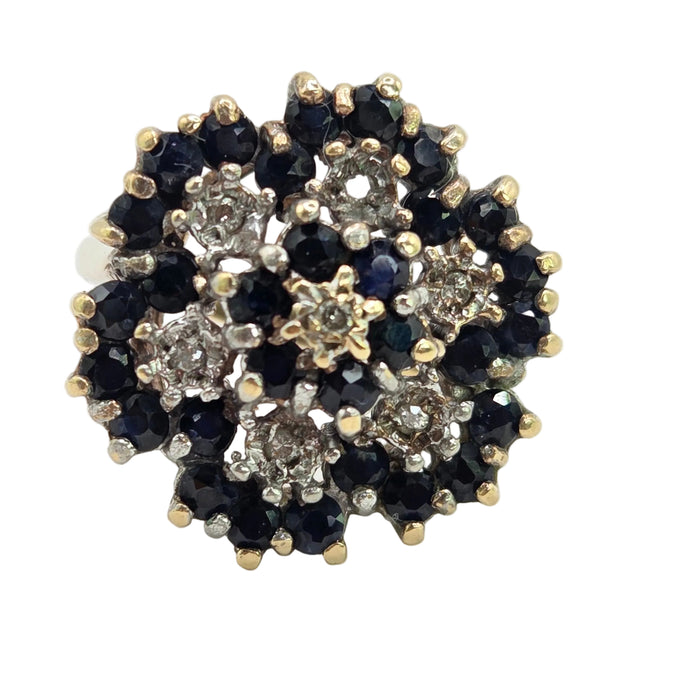 Vintage: 9ct Yellow Gold Sapphire & Diamond Floral Spray Cluster Ring