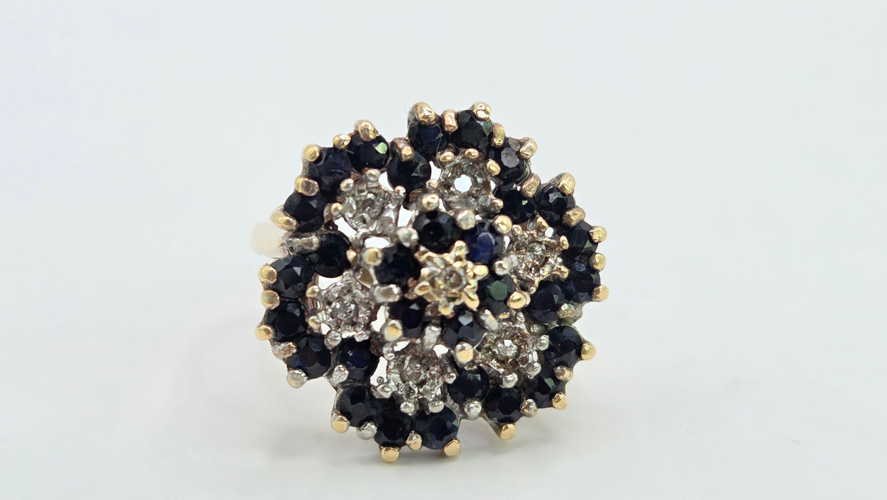 Vintage: 9ct Yellow Gold Sapphire & Diamond Floral Spray Cluster Ring