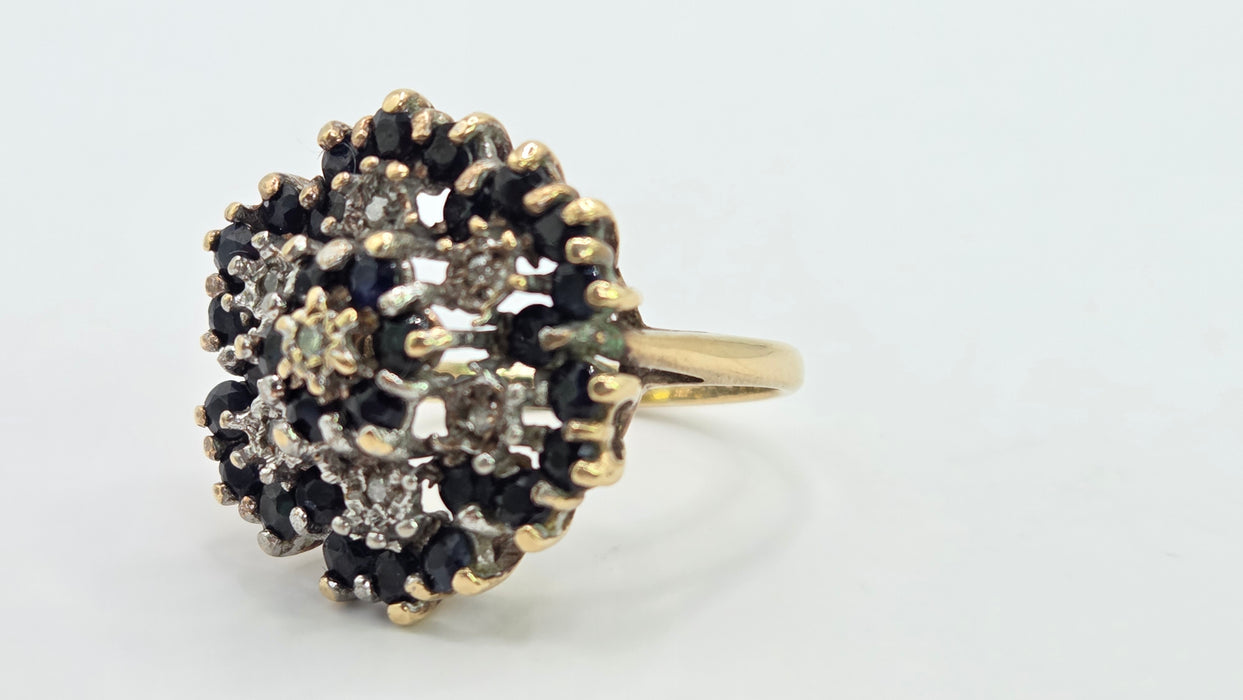 Vintage: 9ct Yellow Gold Sapphire & Diamond Floral Spray Cluster Ring