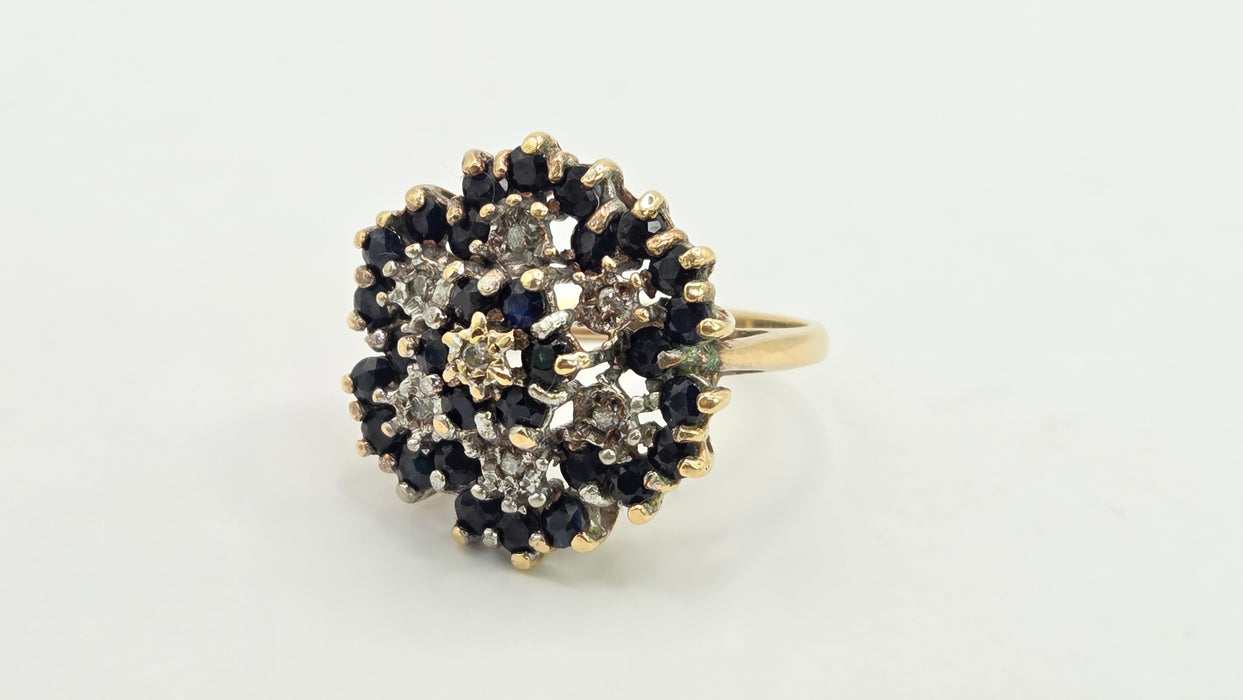 Vintage: 9ct Yellow Gold Sapphire & Diamond Floral Spray Cluster Ring