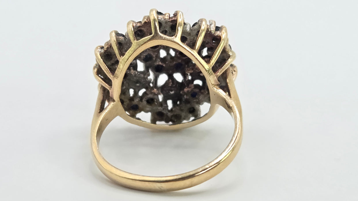 Vintage: 9ct Yellow Gold Sapphire & Diamond Floral Spray Cluster Ring