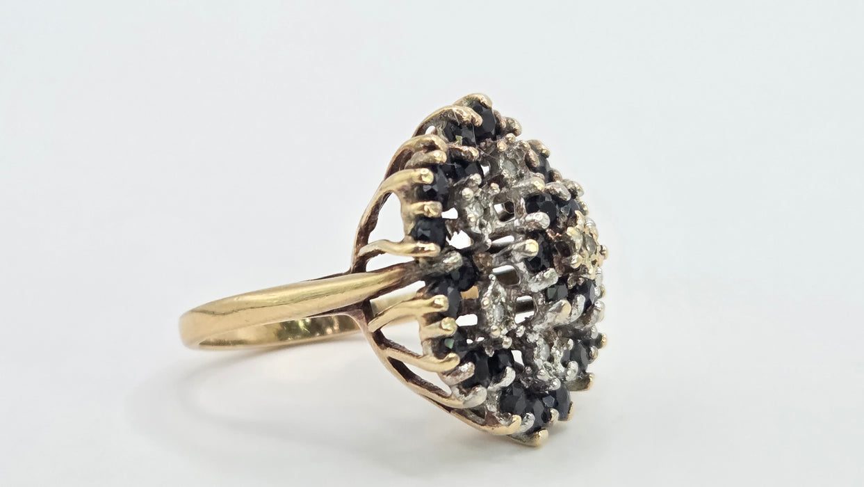 Vintage: 9ct Yellow Gold Sapphire & Diamond Floral Spray Cluster Ring