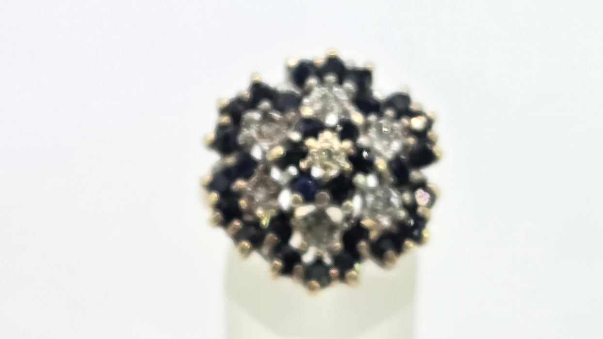 Vintage: 9ct Yellow Gold Sapphire & Diamond Floral Spray Cluster Ring