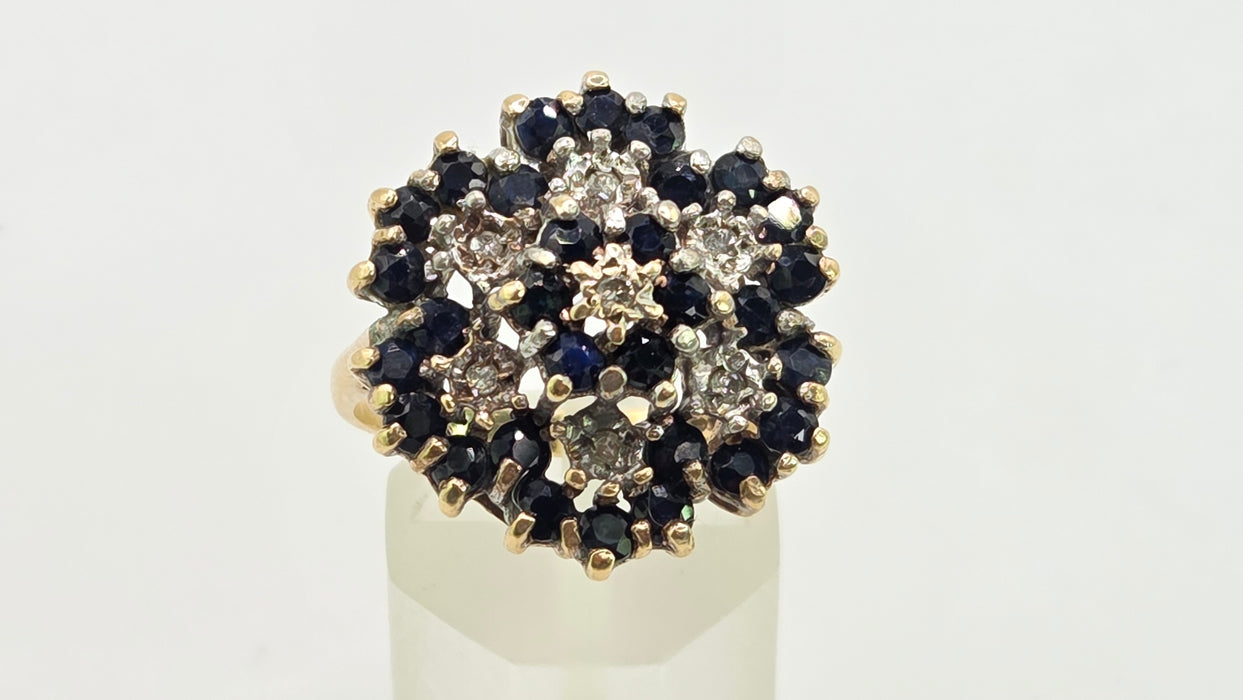 Vintage: 9ct Yellow Gold Sapphire & Diamond Floral Spray Cluster Ring