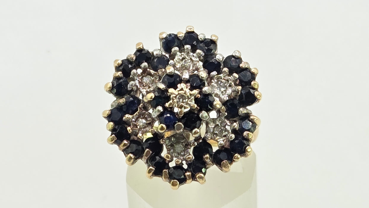 Vintage: 9ct Yellow Gold Sapphire & Diamond Floral Spray Cluster Ring