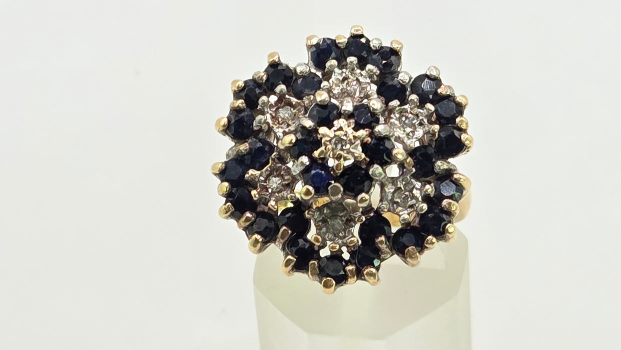 Vintage: 9ct Yellow Gold Sapphire & Diamond Floral Spray Cluster Ring