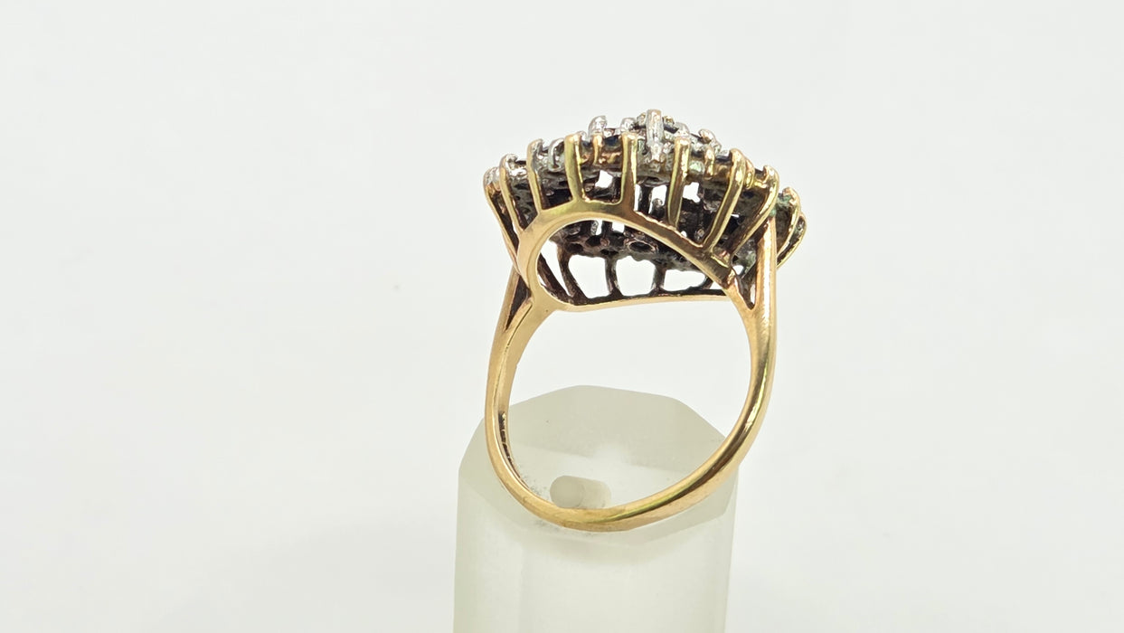 Vintage: 9ct Yellow Gold Sapphire & Diamond Floral Spray Cluster Ring