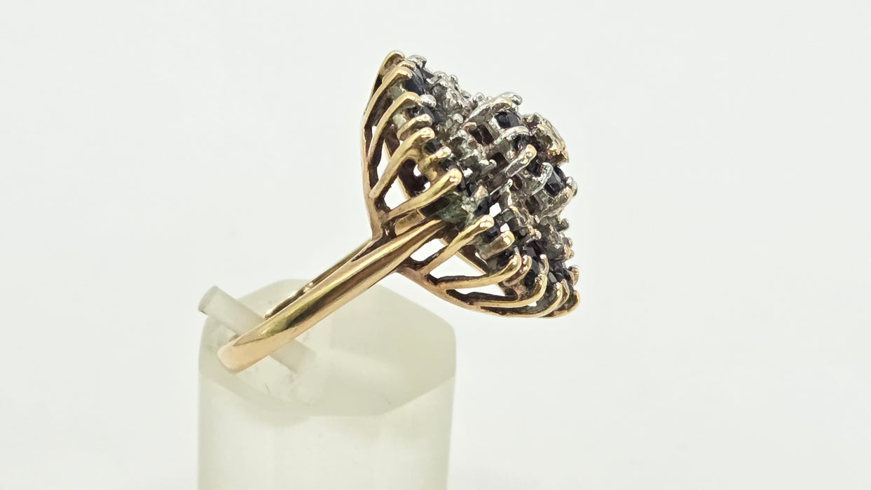Vintage: 9ct Yellow Gold Sapphire & Diamond Floral Spray Cluster Ring