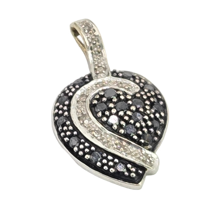 Vintage: 9ct White Gold Black & White Diamond Pavé Heart Pendant