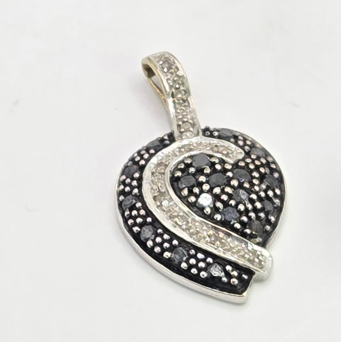 Vintage: 9ct White Gold Black & White Diamond Pavé Heart Pendant