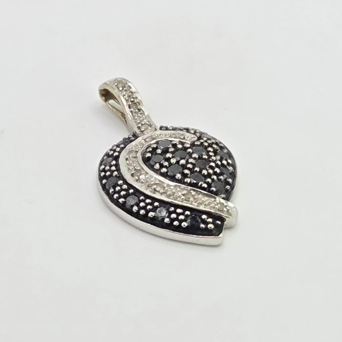 Vintage: 9ct White Gold Black & White Diamond Pavé Heart Pendant