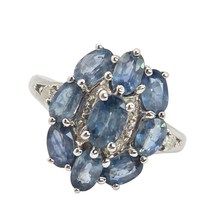 Vintage: 9ct White Gold Ceylon Sapphire & Diamond Floral Cluster Ring