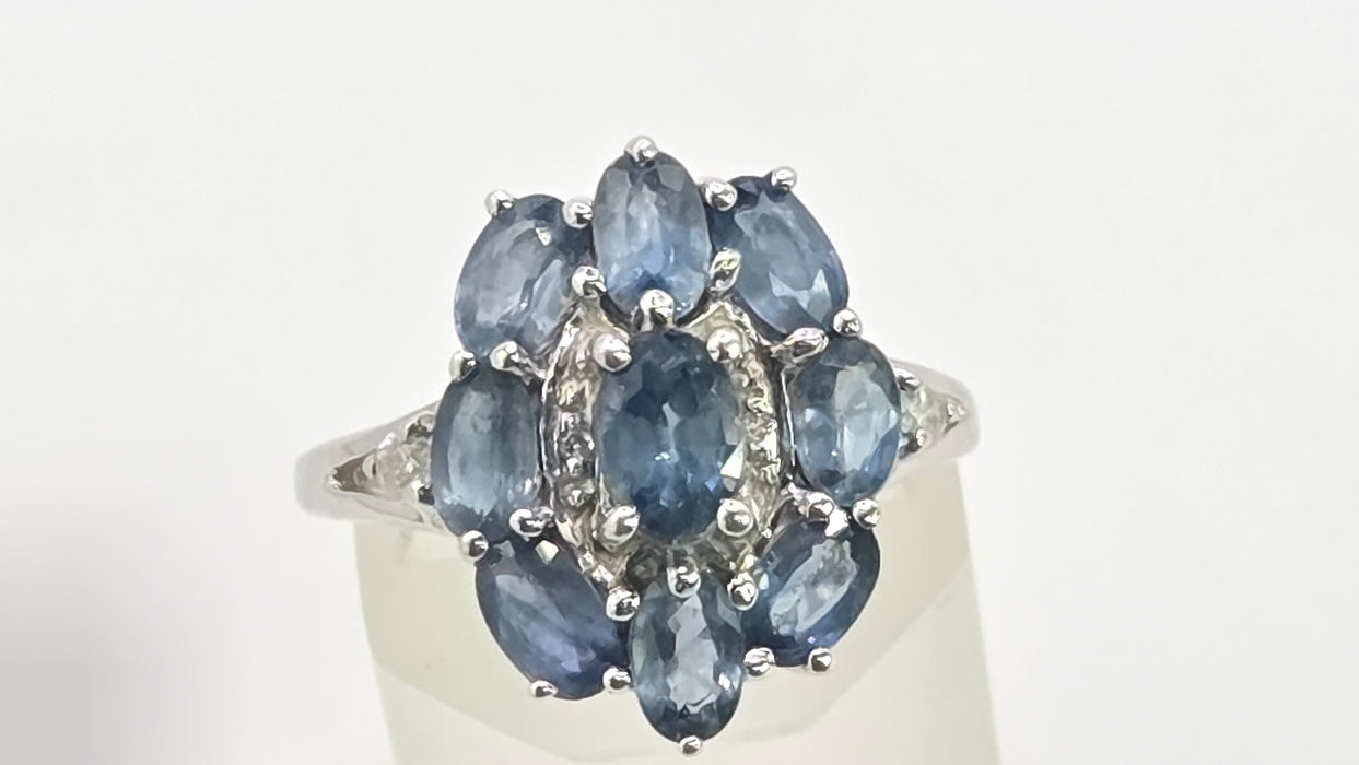 Vintage: 9ct White Gold Ceylon Sapphire & Diamond Floral Cluster Ring