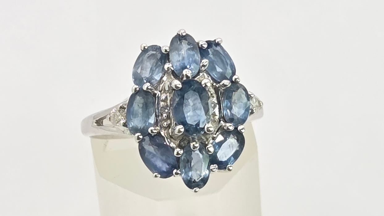 Vintage: 9ct White Gold Ceylon Sapphire & Diamond Floral Cluster Ring