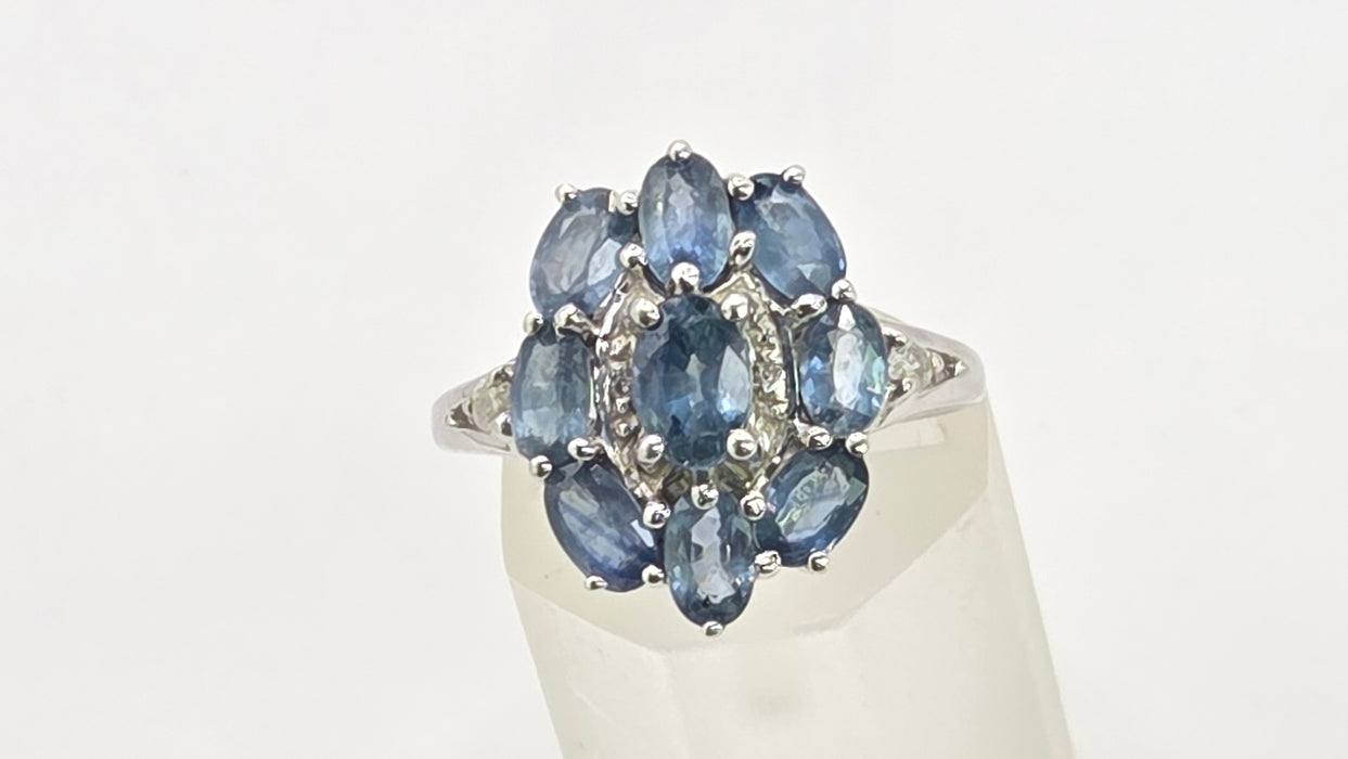 Vintage: 9ct White Gold Ceylon Sapphire & Diamond Floral Cluster Ring
