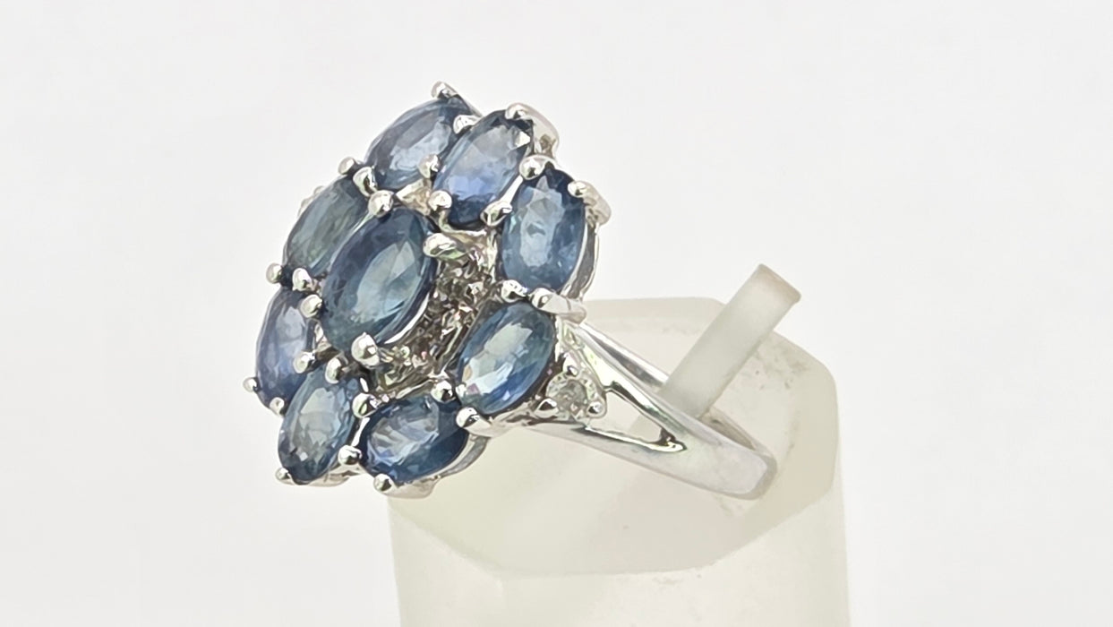 Vintage: 9ct White Gold Ceylon Sapphire & Diamond Floral Cluster Ring