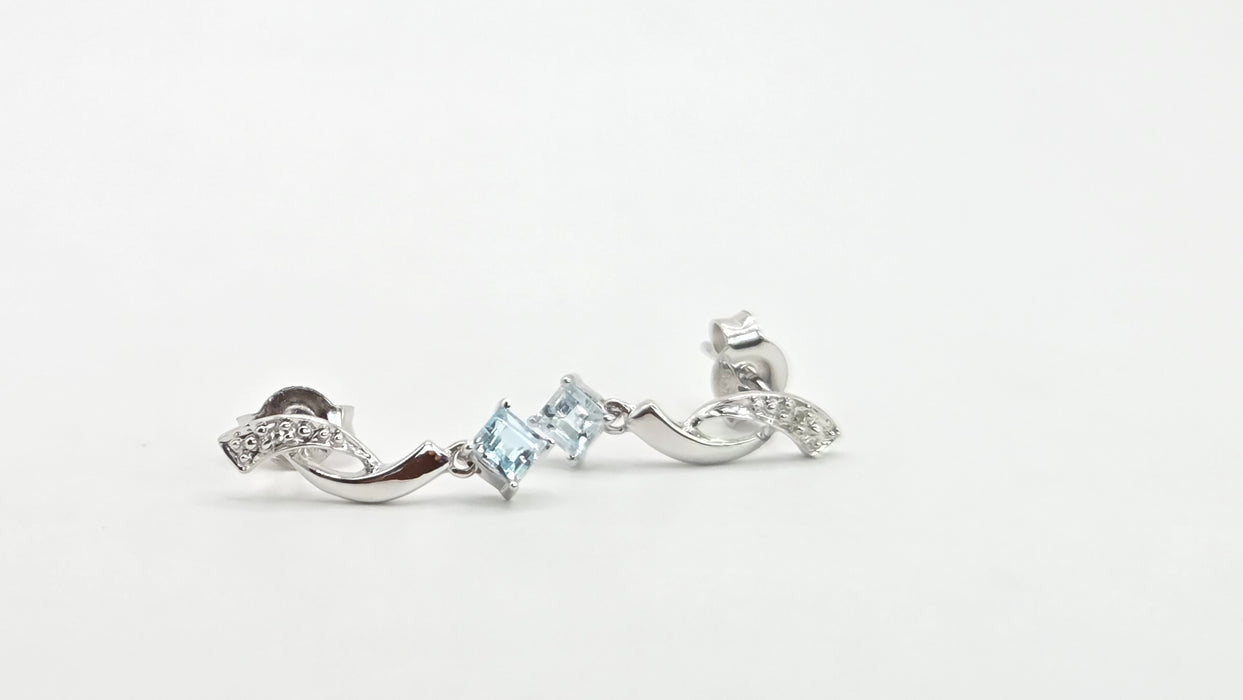Vintage: 9ct White Gold Pale Blue Topaz & Diamond Drop Stud Earrings